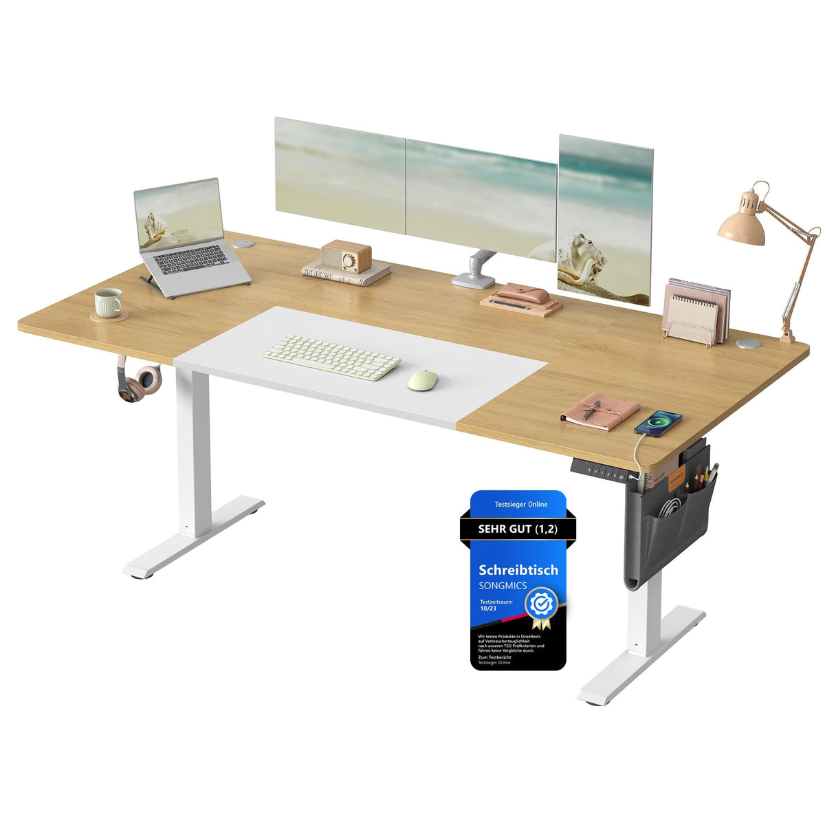 SONGMICS Höhenverstellbarer Schreibtisch 180x80 cm – Elektrischer Sitz-Steh-Schreibtisch mit USB, Organizer & Haken, Vintagebraun – 160 x 70 cm, Natureichenfarben + Mattweiß