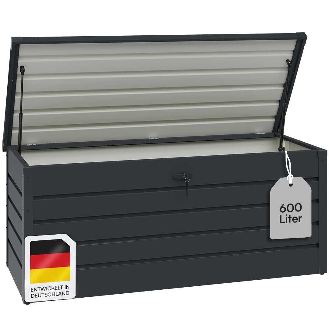 STEELSØN Dorado Gartenbox Metall Anthrazit – Wasserdichte Auflagenbox abschließbar mit Deckel & Gasdruckfeder – 600 Liter