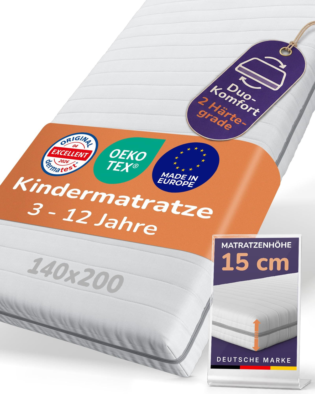 Sun Garden Kindermatratze 90x200 cm, 3-12 Jahre, 15 cm Komfortschaum RG28 – 90 x 200 cm