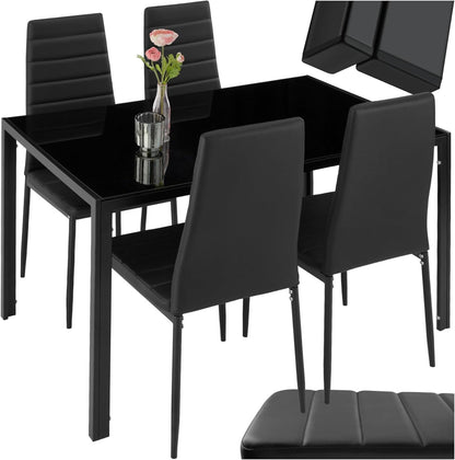 tectake Essgruppe Set Tisch und Stühle, Esstisch und 4X Stuhl, strapazierfähiges Kunstleder, Tischplatte aus Sicherheitsglas, Küchenstühle modern, Küche - schwarz – Schwarz