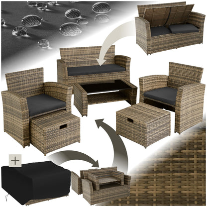 tectake Polyrattan Gartenmöbel Set 4 Personen mit Hocker & Auflagenbox – Garten Lounge Set mit Sofa, Tisch & Kissen für Balkon und Terrasse – Natur | Nr. 403719