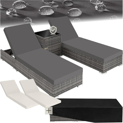 tectake 2er Gartenliegen Set mit Tisch – Polyrattan Sonnenliegen aus Aluminium, 5-fach verstellbar, mit Schutzhüllen – Natur (Nr. 403771)