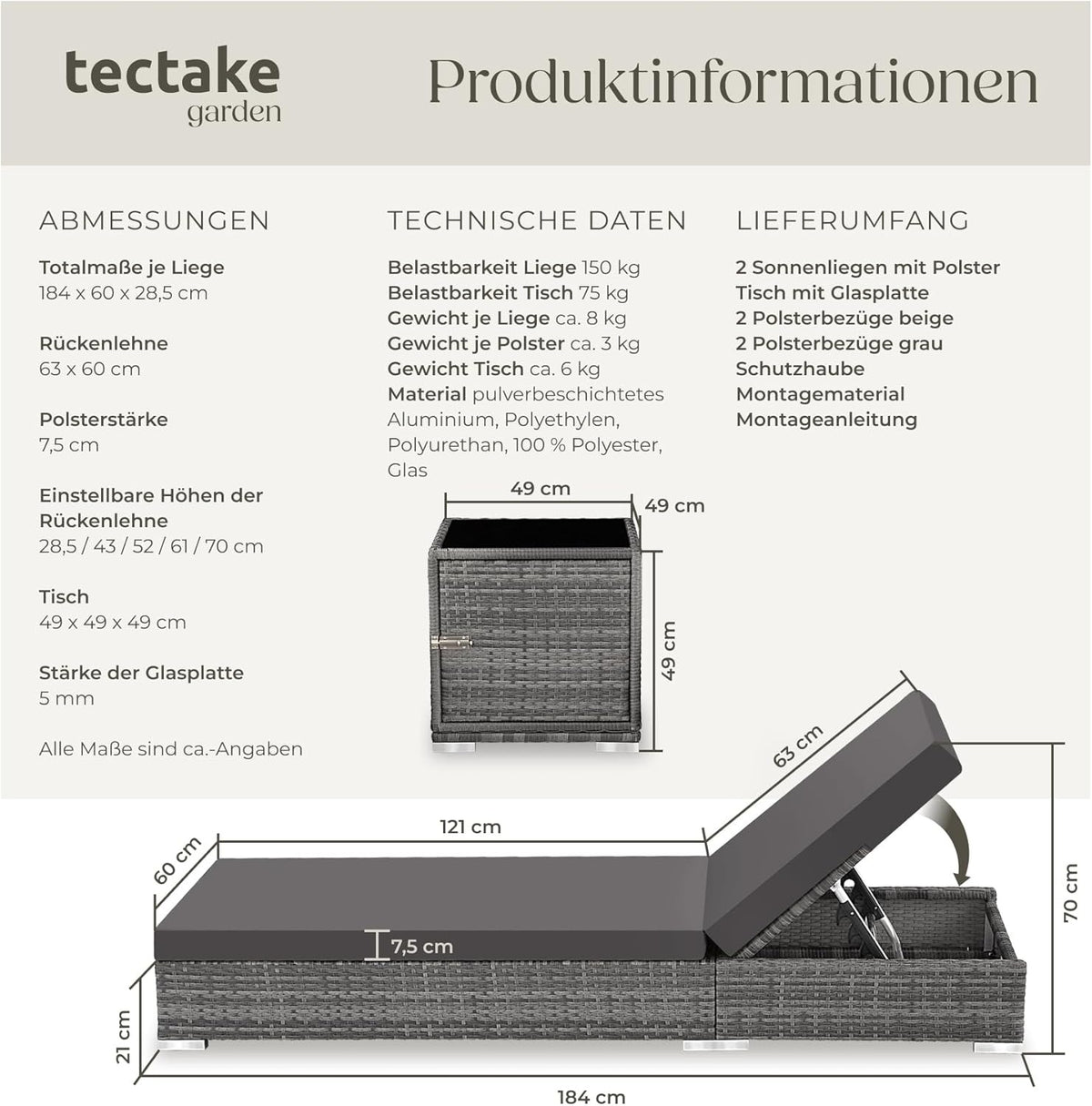 tectake 2er Gartenliegen Set mit Tisch – Polyrattan Sonnenliegen aus Aluminium, 5-fach verstellbar, mit Schutzhüllen