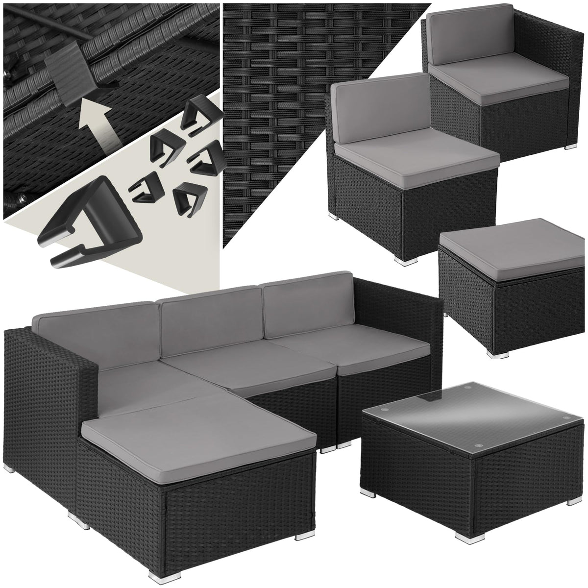 tectake Gartenmöbel Set Poly Rattan mit Sofa, Sesseln, Hocker & Tisch, modulare Gartenlounge wetterfest für Garten, Terrasse & Balkon – Für 4-5 Personen, Schwarz