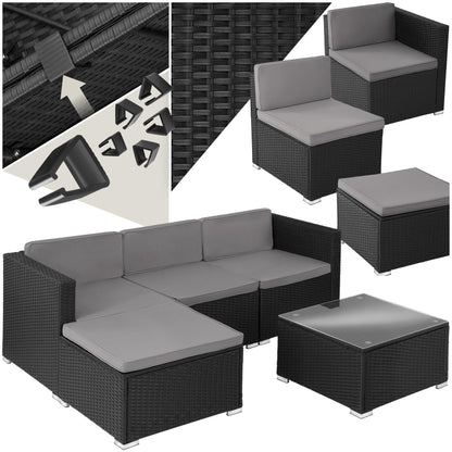 tectake Gartenmöbel Set Poly Rattan mit Sofa, Sesseln, Hocker & Tisch, modulare Gartenlounge wetterfest für Garten, Terrasse & Balkon – Für 4-5 Personen, Schwarz