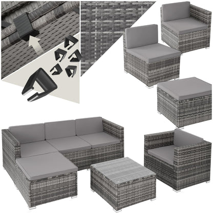 tectake Gartenmöbel Set Poly Rattan mit Sofa, Sesseln, Hocker & Tisch, modulare Gartenlounge wetterfest für Garten, Terrasse & Balkon