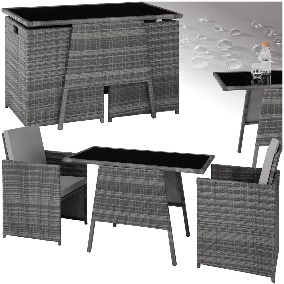 tectake Poly Rattan Balkonmöbel Set für 2 Personen Hellgrau – 2 Sessel & Tisch, Platzsparende Gartenlounge mit Kissen – Natur | Nr. 403733