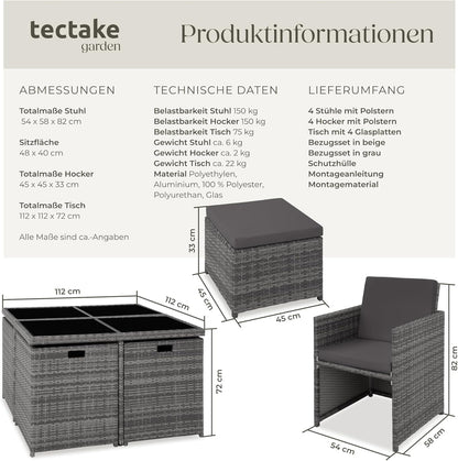 tectake Rattan Lounge Set mit Aluminiumgestell, 4 Stühle, 4 Hocker & Glastisch Wetterfeste Gartenmöbel