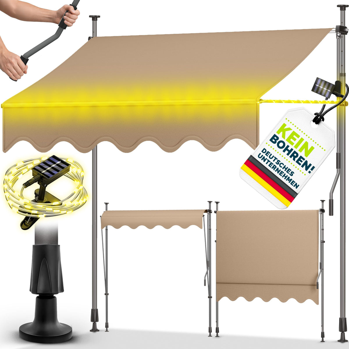 tillvex Klemmmarkise 350cm breit mit Handkurbel | Balkonmarkise ohne Bohren – 400cm, Taupe