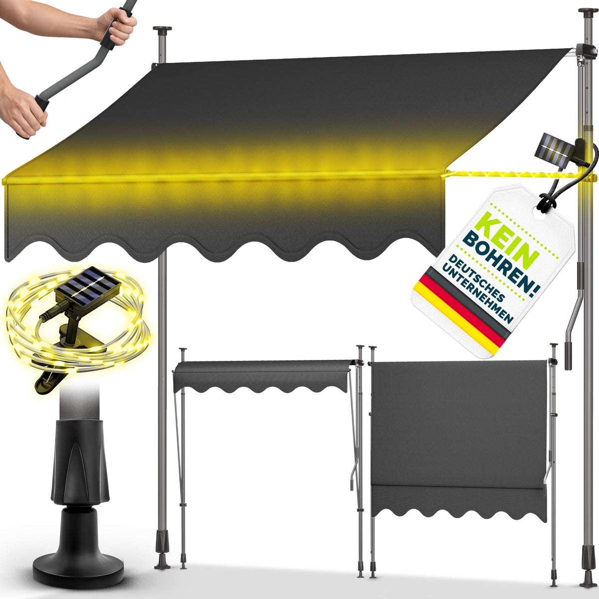 tillvex Klemmmarkise 350cm breit mit Handkurbel | Balkonmarkise ohne Bohren – 300cm, Blau-Grau mit LED