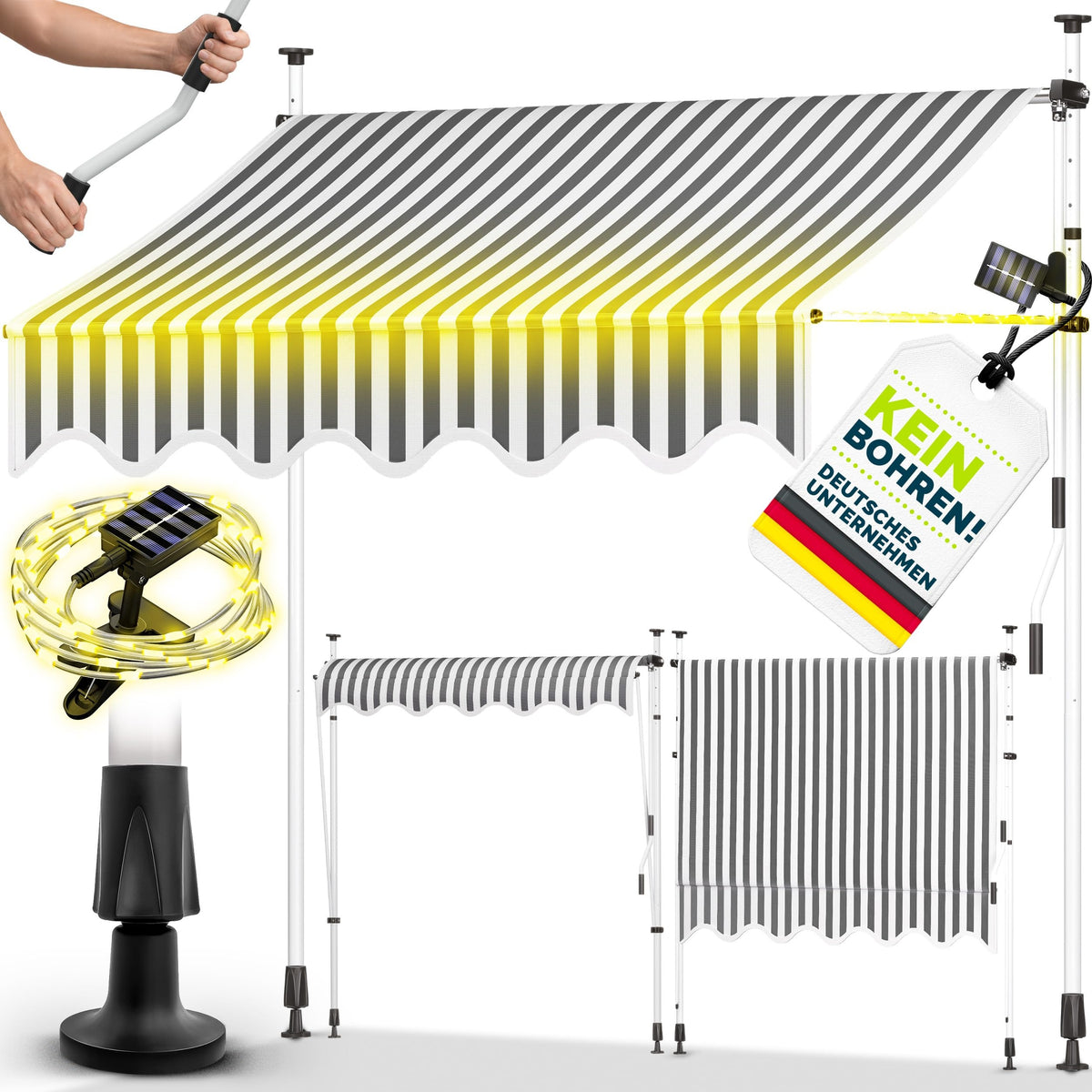 tillvex Klemmmarkise 350cm breit mit Handkurbel | Balkonmarkise ohne Bohren – 400cm, Sand