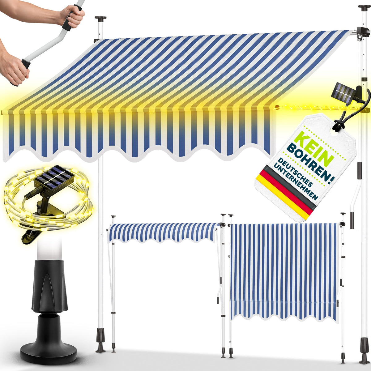 tillvex Klemmmarkise 350cm breit mit Handkurbel | Balkonmarkise ohne Bohren – 400cm, Blau-Weiß
