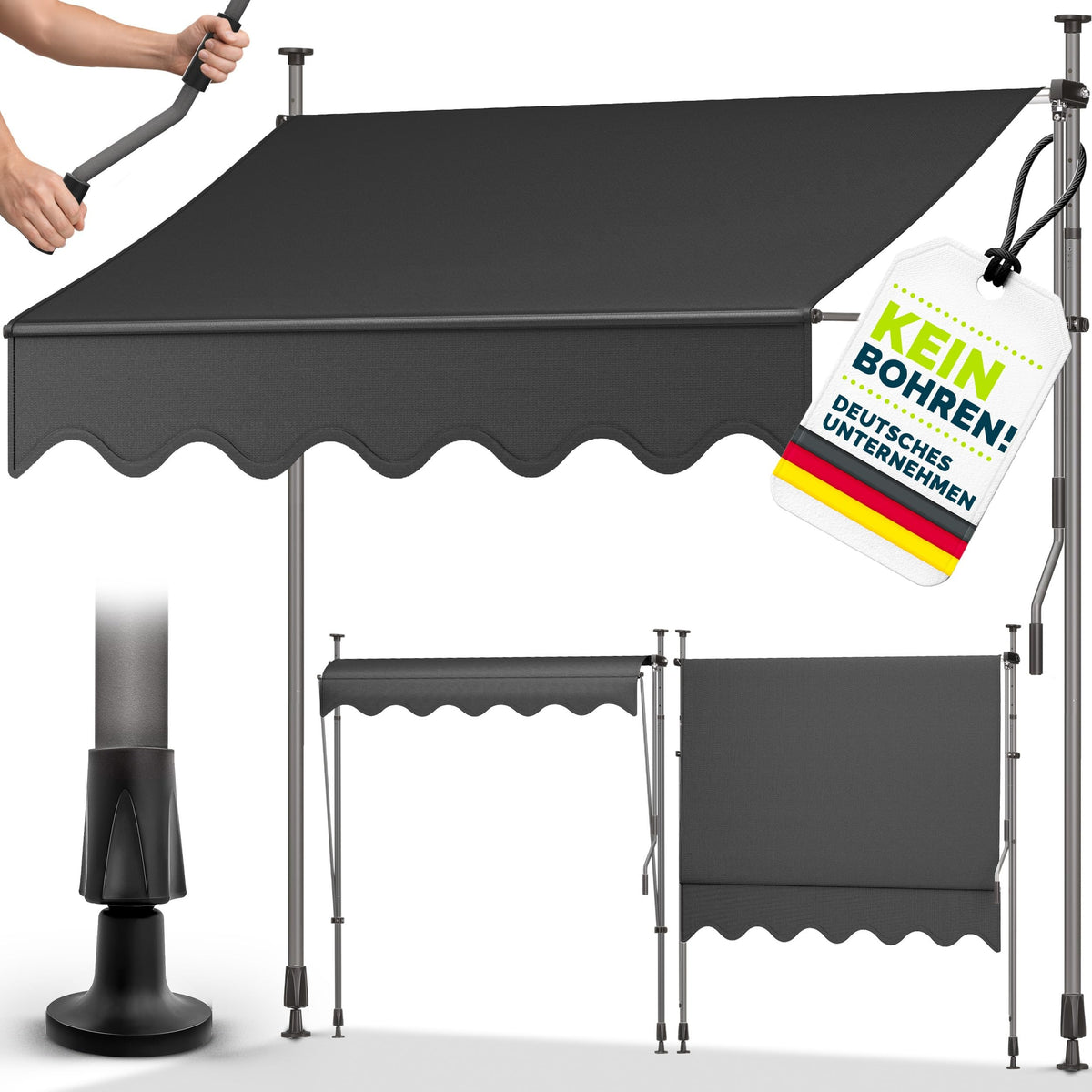 tillvex Klemmmarkise 350cm breit mit Handkurbel | Balkonmarkise ohne Bohren – 350cm, Grau