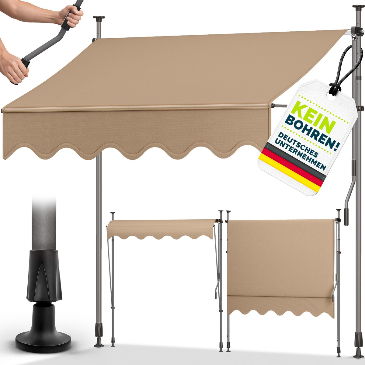 tillvex Klemmmarkise 350cm breit mit Handkurbel | Balkonmarkise ohne Bohren – 400cm, Orange-Anthrazit mit LED