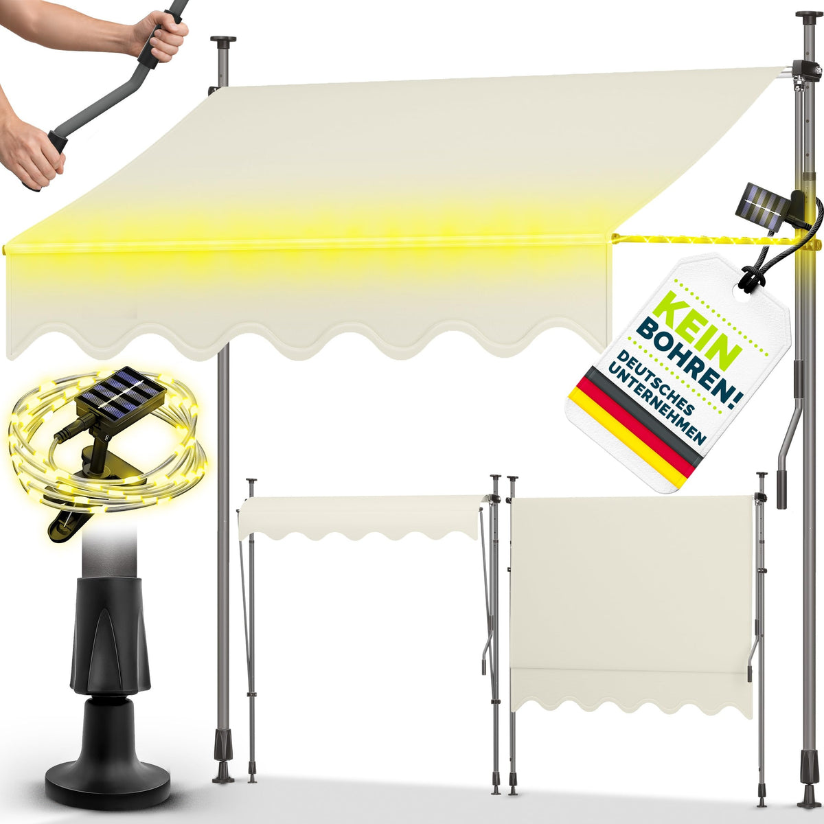 tillvex Klemmmarkise 350cm breit mit Handkurbel | Balkonmarkise ohne Bohren – 350cm, Grau mit LED