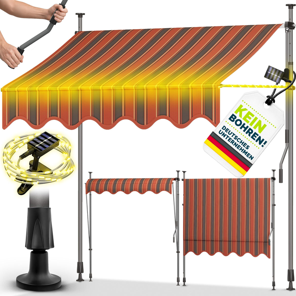 tillvex Klemmmarkise 350cm breit mit Handkurbel | Balkonmarkise ohne Bohren – 350cm, Anthrazit mit LED