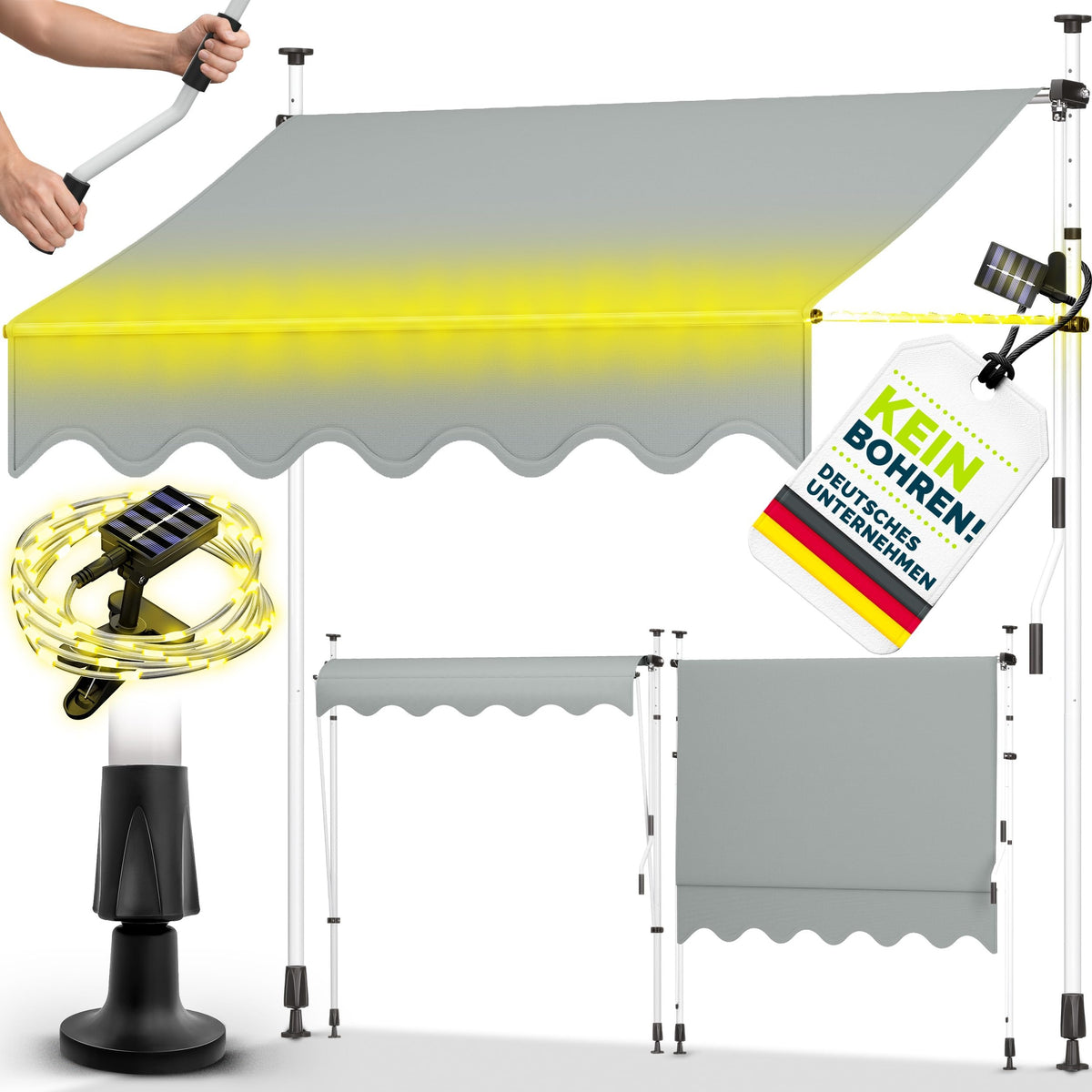 tillvex Klemmmarkise 350cm breit mit Handkurbel | Balkonmarkise ohne Bohren – 300cm, Grau mit LED