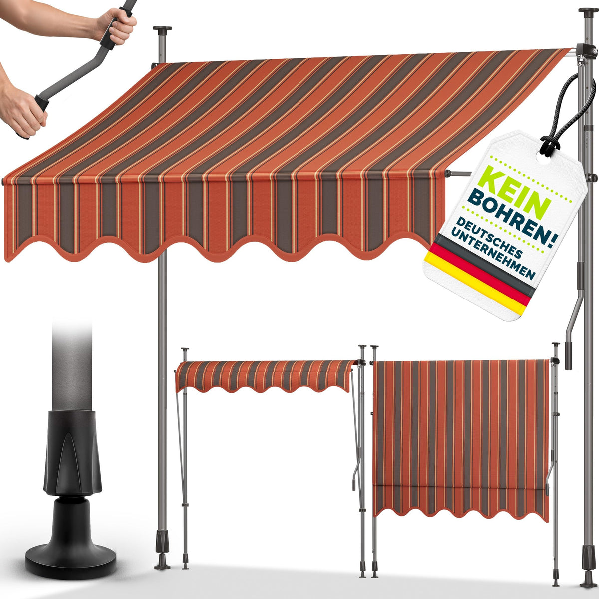 tillvex Klemmmarkise 350cm breit mit Handkurbel | Balkonmarkise ohne Bohren – 150cm, Hellgrau mit LED