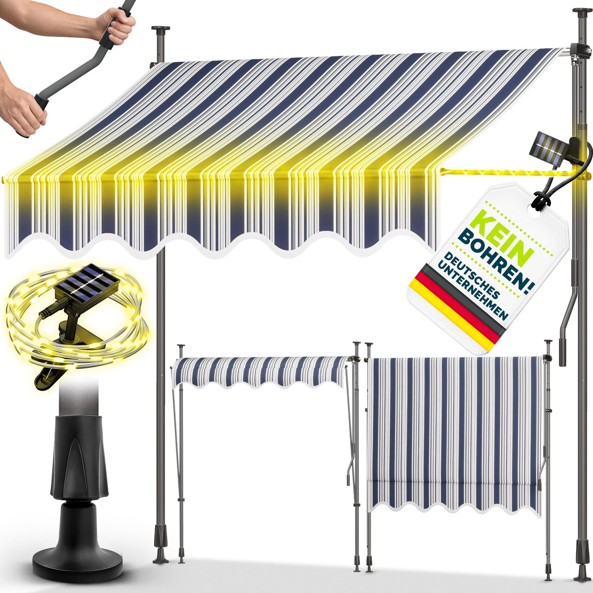 tillvex Klemmmarkise 350cm breit mit Handkurbel | Balkonmarkise ohne Bohren – 400cm, Blau-Grau