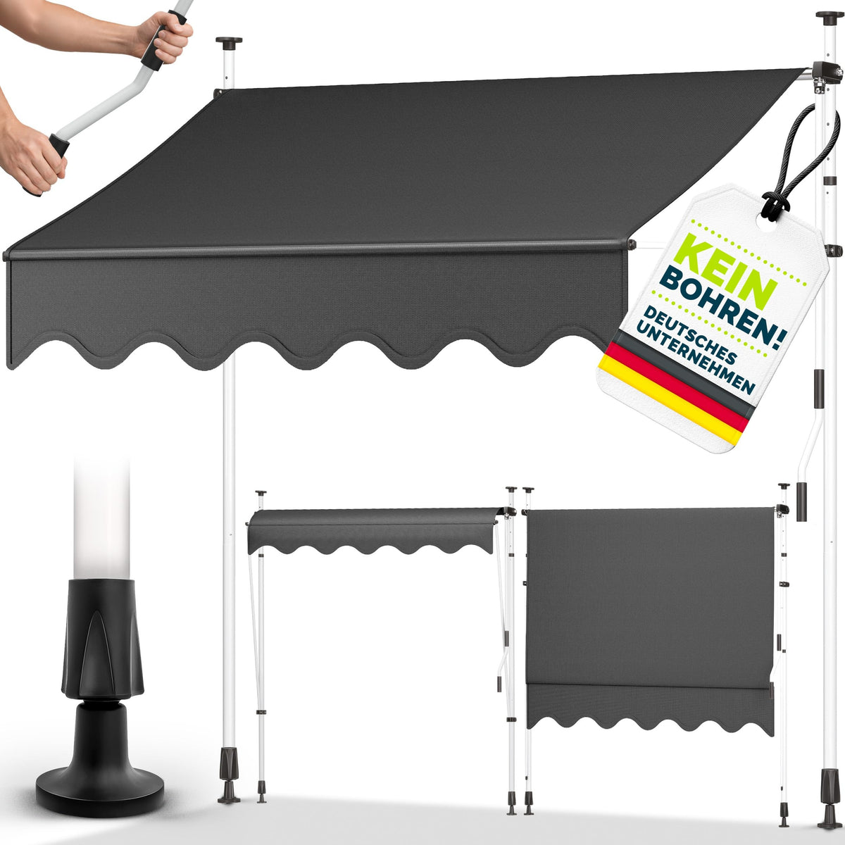 tillvex Klemmmarkise 350cm breit mit Handkurbel | Balkonmarkise ohne Bohren – 400cm, Grau