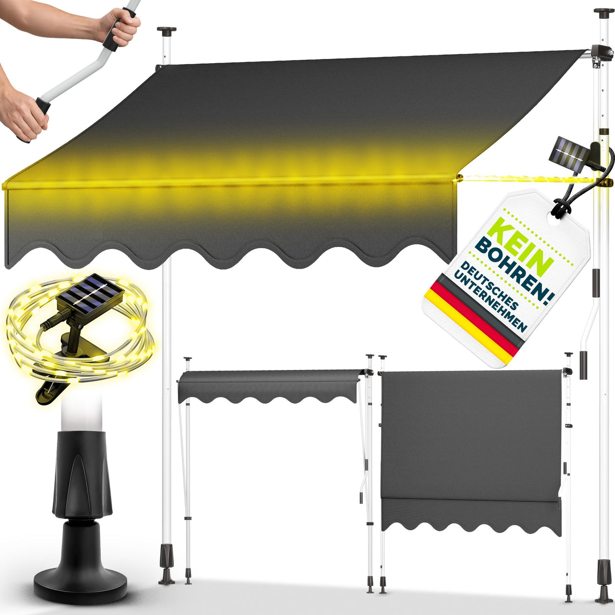 tillvex Klemmmarkise 350cm breit mit Handkurbel | Balkonmarkise ohne Bohren – 350cm, Blau-Weiß