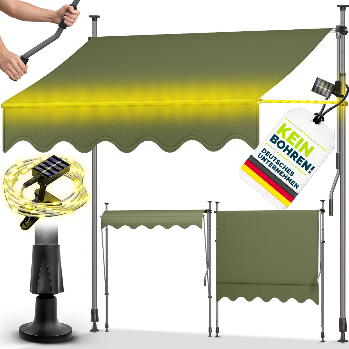 tillvex Klemmmarkise 350cm breit mit Handkurbel | Balkonmarkise ohne Bohren – 150cm, Grau
