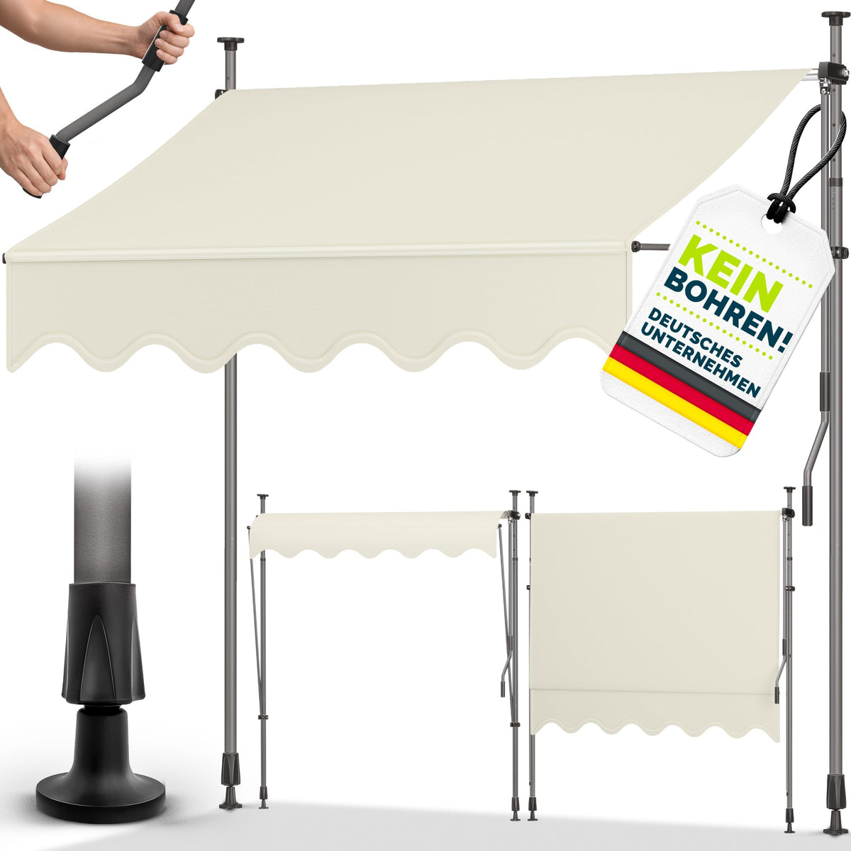 tillvex Klemmmarkise 350cm breit mit Handkurbel | Balkonmarkise ohne Bohren – 150cm, Beige