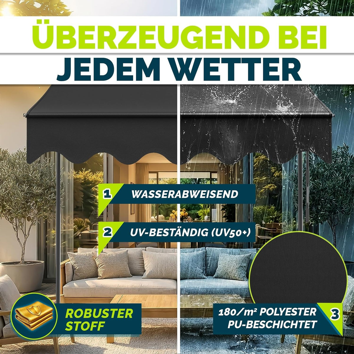 tillvex Klemmmarkise 350cm breit mit Handkurbel | Balkonmarkise ohne Bohren – 300cm, Anthrazit