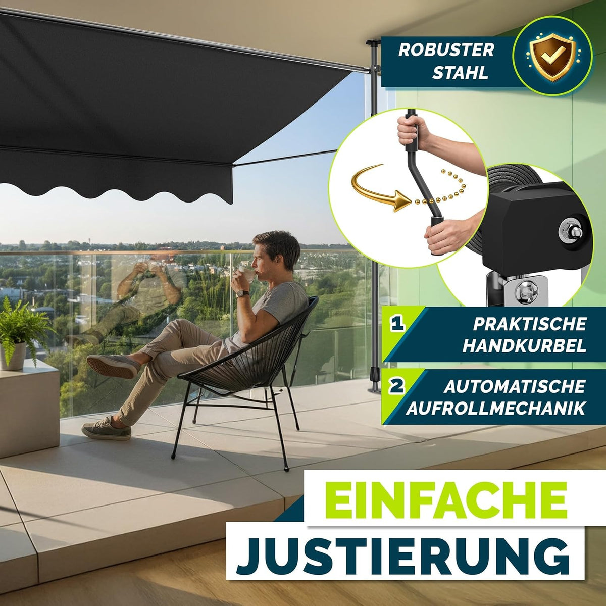 tillvex Klemmmarkise 350cm breit mit Handkurbel | Balkonmarkise ohne Bohren – 300cm, Orange-Anthrazit