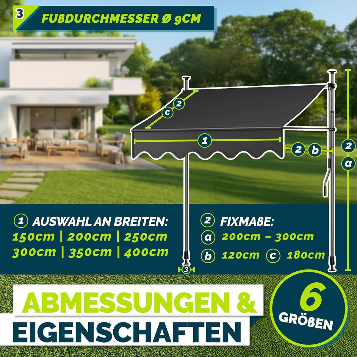 tillvex Klemmmarkise 350cm breit mit Handkurbel | Balkonmarkise ohne Bohren – 300cm, Blau-Weiß mit LED