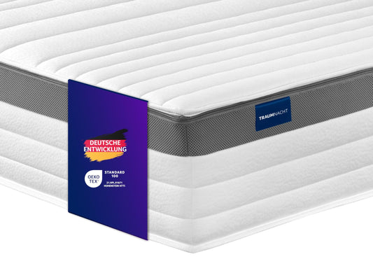 Traumnacht Exklusiv 7-Zonen 1.000er Tonnentaschenfederkernmatratze, Stiftung Warentest Testurteil Gut - Ausgabe 10/2023, 23 cm Premiumhöhe, Öko-Tex zertifiziert, Härtegrad 4 (H4), 100 x 200 cm – H3 - mittelfest, 180 x 220 cm