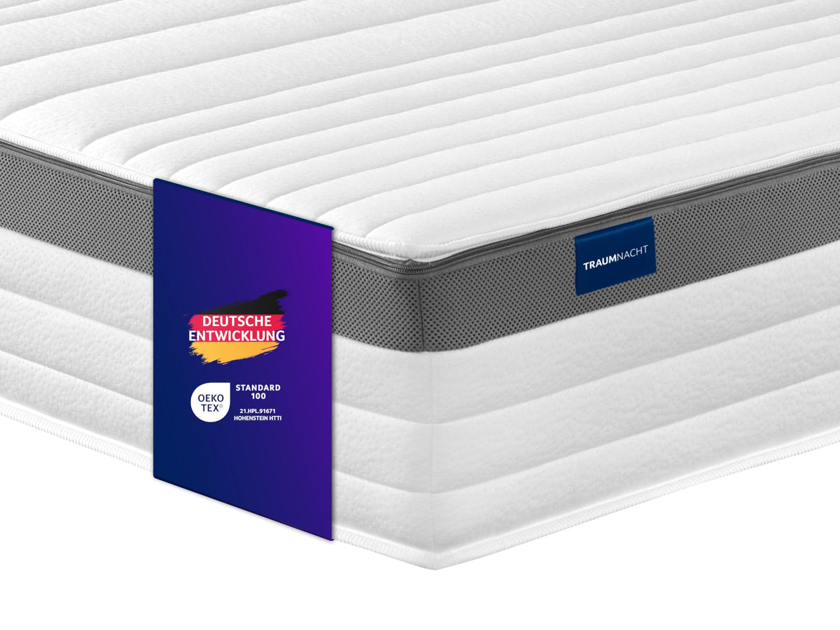 Traumnacht Exklusiv 7-Zonen 1.000er Tonnentaschenfederkernmatratze, Stiftung Warentest Testurteil Gut - Ausgabe 10/2023, 23 cm Premiumhöhe, Öko-Tex zertifiziert, Härtegrad 4 (H4), 100 x 200 cm – H2 - weich, 180 x 200 cm