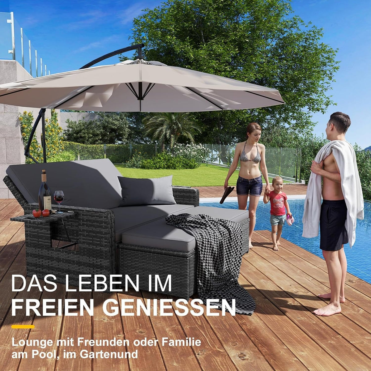 UDPATIO Rattan Lounge Sofa 2-Sitzer Grau mit Hocker & Stauraum, verstellbare Rückenlehne, Gartenmöbel Set aus PE-Rattan für Balkon & Terrasse