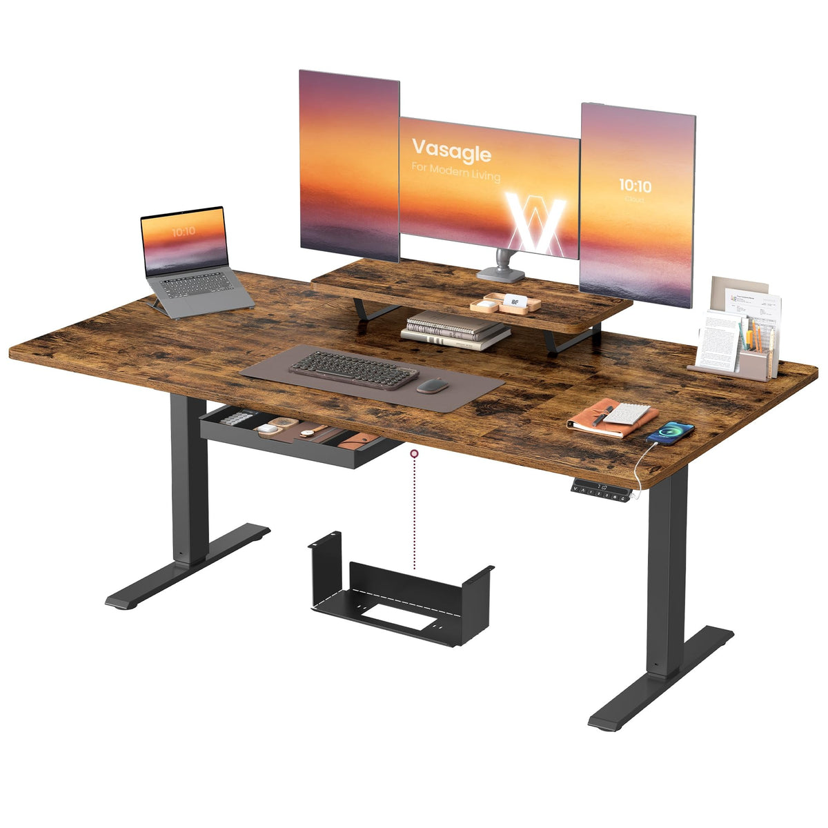 VASAGLE Höhenverstellbarer Schreibtisch, 160 x 80 cm, USB-C-Anschluss – Tintenschwarz, 180 x 80 cm, Ohne Monitorständer