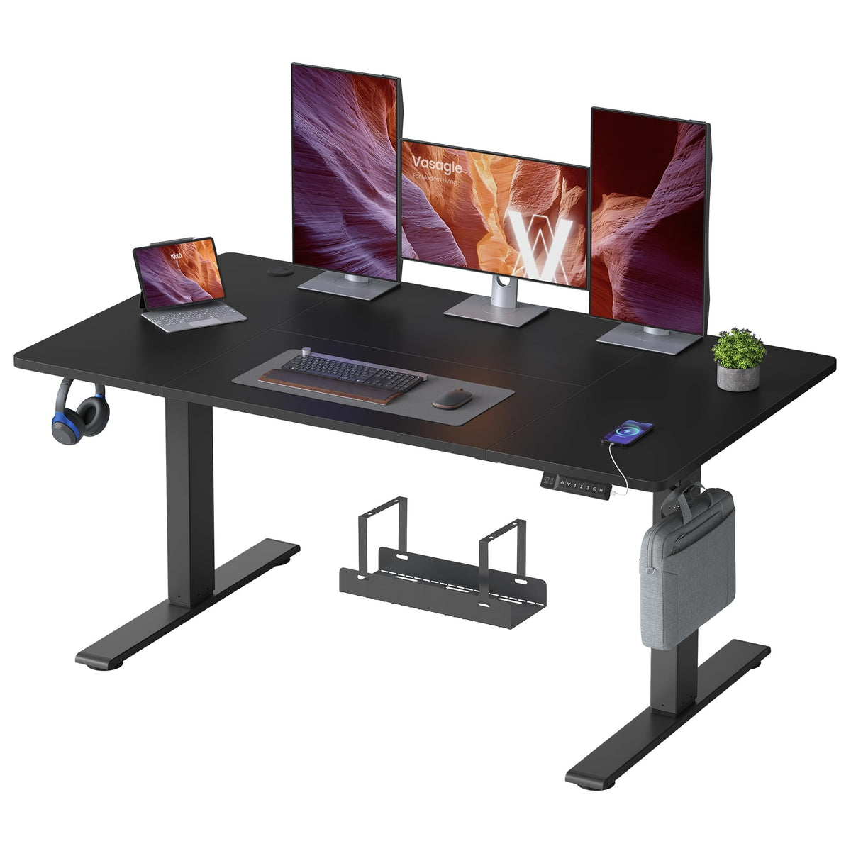 VASAGLE Höhenverstellbarer Schreibtisch, 160 x 80 cm, USB-C-Anschluss – Vintagebraun, 140 x 80 cm, Ohne Monitorständer