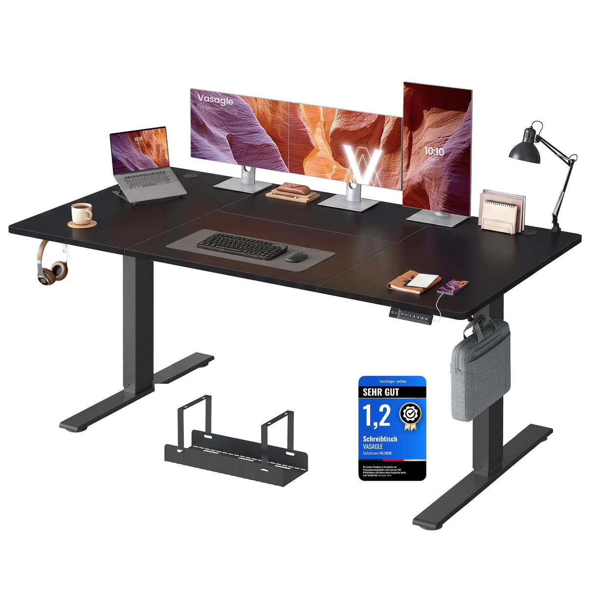 VASAGLE Höhenverstellbarer Schreibtisch, 160 x 80 cm, USB-C-Anschluss – Goldeichenfarben, 140 x 80 cm, Ohne Monitorständer