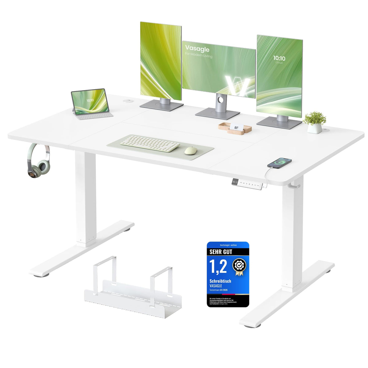 VASAGLE Höhenverstellbarer Schreibtisch, 160 x 80 cm, USB-C-Anschluss – Vintagebraun, 160 x 80 cm, Ohne Monitorständer