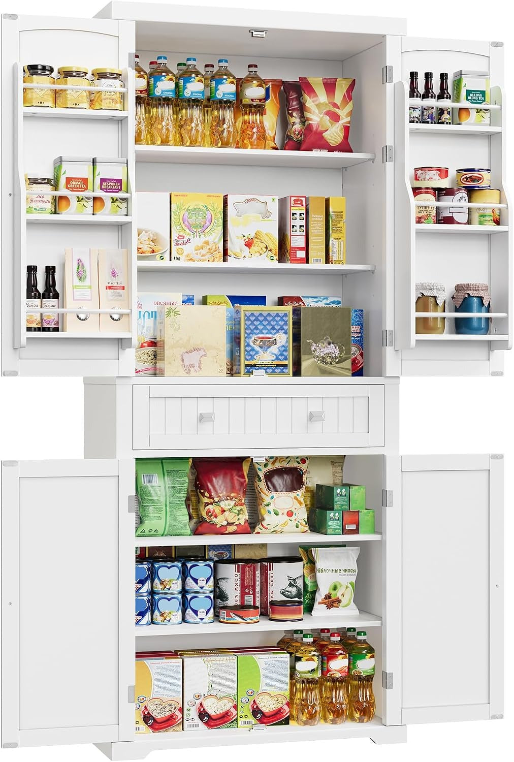 VASAGLE Küchenschrank, Mehrzweckschrank freistehend, 76 x 40 x 182 cm – Moderner Stil - Weiß, 135,8H cm