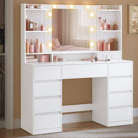 VASAGLE Schminktisch mit Beleuchtung und mit Spiege, 9 Schubladen – LED-Schminktisch mit Hocker