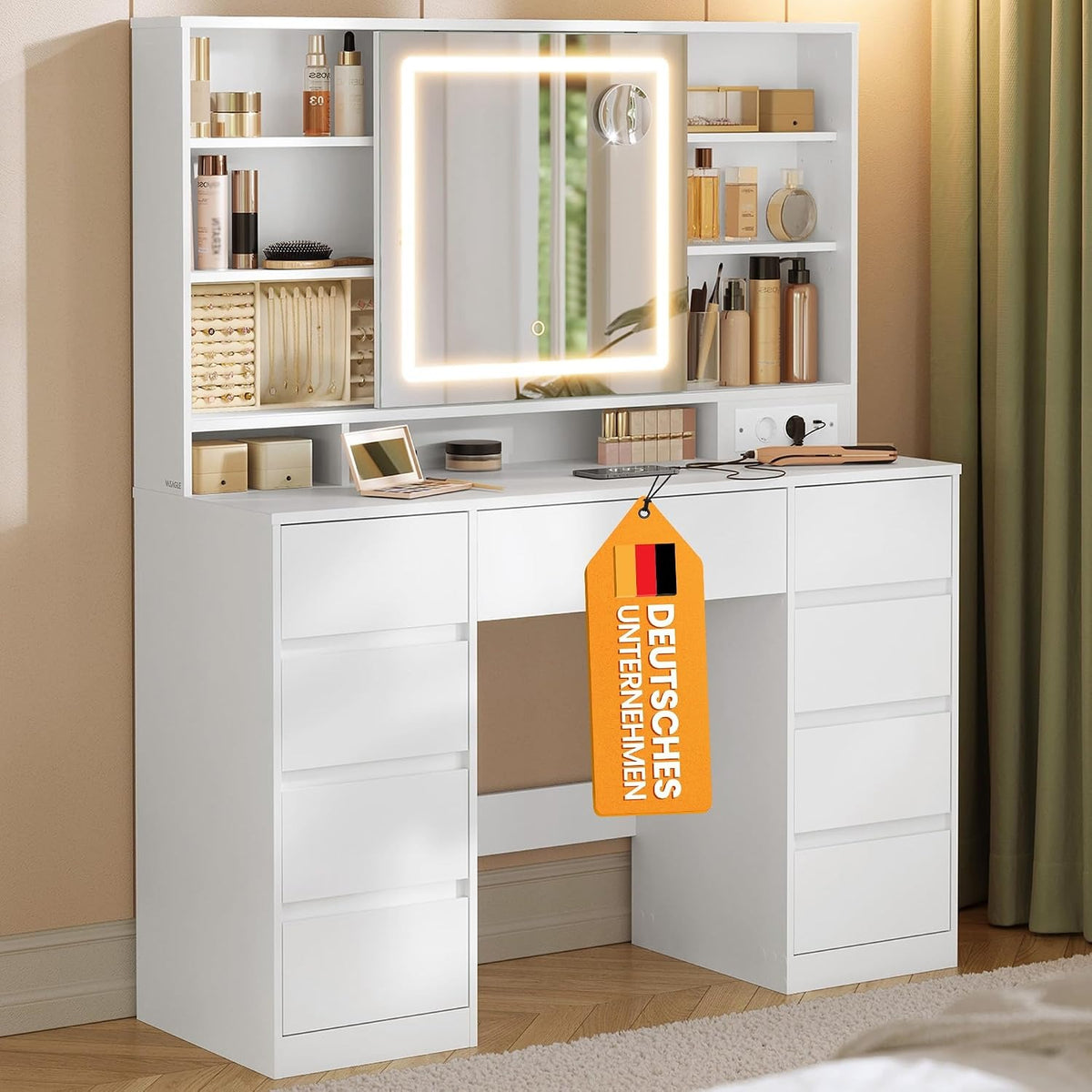 VASAGLE Schminktisch mit Beleuchtung und mit Spiege, 9 Schubladen – Schminktisch mit 3-teiligem Spiegel