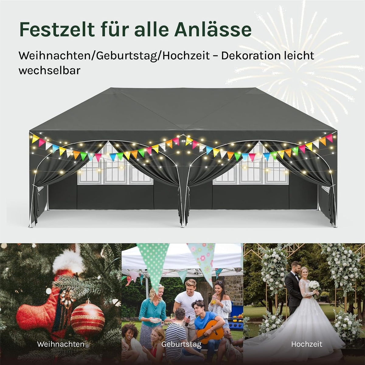 WOLTU Faltpavillon 3x6m Faltpavillon mit 6 Seitenwänden Pavillon Partyzelt Grau