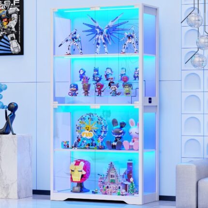 BROTTAR Beleuchtete Glasvitrine mit LED Sensor, moderner Vitrinenschrank & Standvitrine, 4 Etagen Sicherheitsglas Vitrine für Lego, Figuren und Sammlungen, Schwarz – Mattweil, W80 x D35x H165cm
