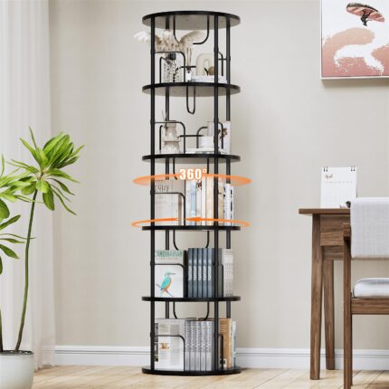 360° drehbares Bücherregal mit 5 Ebenen, Standregal aus MDF & Metall, rundes Regal für bis zu 100 Bücher – Schwarz, 5 Ebenen
