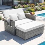 GIANTEX Rattan Lounge Gartenmöbel Set 2-Sitzer mit Doppelliege & Hocker, Outdoor Sofa mit Stauraum, verstellbar für Balkon & Terrasse – Holzarmlehne + Gemischtes Braun + Grau