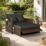 GIANTEX Rattan Lounge Gartenmöbel Set 2-Sitzer mit Doppelliege & Hocker, Outdoor Sofa mit Stauraum, verstellbar für Balkon & Terrasse – Gemischtes Grau + Cremeweiß