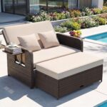 GIANTEX Rattan Lounge Gartenmöbel Set 2-Sitzer mit Doppelliege & Hocker, Outdoor Sofa mit Stauraum, verstellbar für Balkon & Terrasse – Gemischtes Braun + Cremeweiß