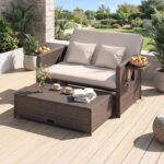 GIANTEX Rattan Lounge Gartenmöbel Set 2-Sitzer mit Doppelliege & Hocker, Outdoor Sofa mit Stauraum, verstellbar für Balkon & Terrasse