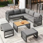 Merax Gartenmöbel Lounge Set Grau für 6–7 Personen, Gartensofa mit Liegefunktion, Ecklounge mit Sitzkissen für Terrasse & Balkon – D, Beige