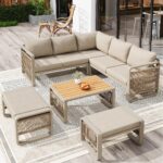 Merax Gartenmöbel Lounge Set Grau für 6–7 Personen, Gartensofa mit Liegefunktion, Ecklounge mit Sitzkissen für Terrasse & Balkon