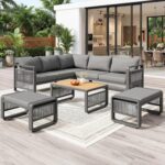 Merax Gartenmöbel Lounge Set Grau für 6–7 Personen, Gartensofa mit Liegefunktion, Ecklounge mit Sitzkissen für Terrasse & Balkon